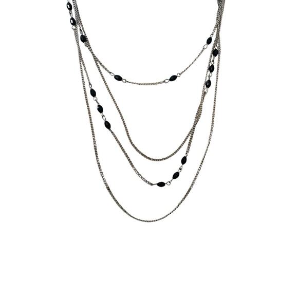 Silvertone and Black Beaded Tiered Necklace 22-25 Inches Lobster Clasp - Picture 2 of 6